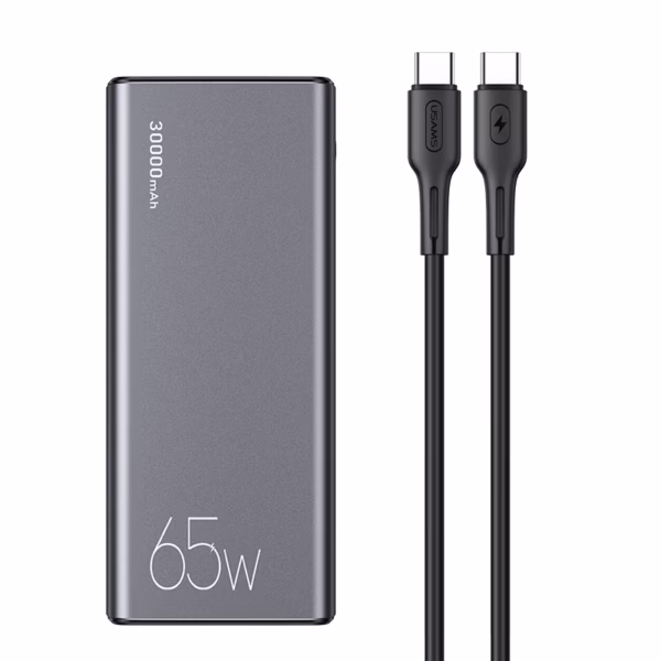 پاوربانک یوسمز مدل CD185 با ظرفیت 30000 میلی‌آمپر و توان 65 وات، مجهز به سه پورت خروجی و شارژ سریع PD و QC. همراه با کابل تایپ‌سی 100 وات و نمایشگر دیجیتال.