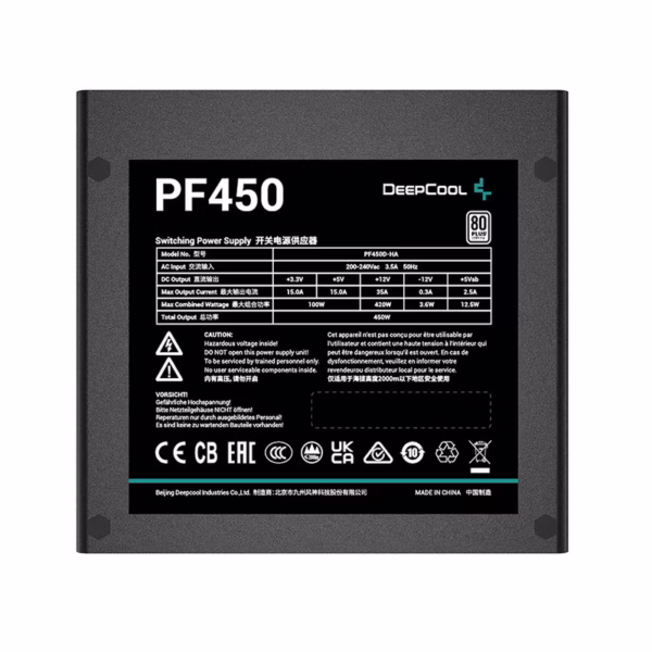 منبع تغذیه کامپیوتر دیپ کول PF450 با وات واقعی، استاندارد 80 Plus، فن 120 میلی‌متری کم‌صدا و سیستم‌های حفاظتی کامل؛ گزینه‌ای اقتصادی و مطمئن.