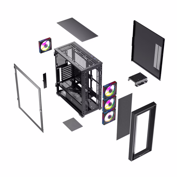 کیس کامپیوتر لاجیکی LK-C504B با طراحی مدرن، پنل شیشه‌ای، 4 فن ARGB و فضای جادار برای کارت گرافیک تا 400 میلی‌متر؛ مناسب گیمرها و حرفه‌ای‌ها.