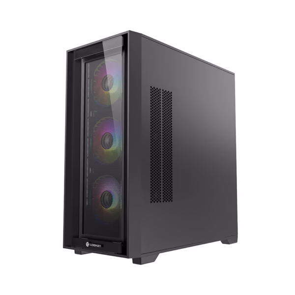کیس کامپیوتر لاجیکی LK-C504B با طراحی مدرن، پنل شیشه‌ای، 4 فن ARGB و فضای جادار برای کارت گرافیک تا 400 میلی‌متر؛ مناسب گیمرها و حرفه‌ای‌ها.