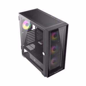 کیس کامپیوتر لاجیکی LK-C504B با طراحی مدرن، پنل شیشه‌ای، 4 فن ARGB و فضای جادار برای کارت گرافیک تا 400 میلی‌متر؛ مناسب گیمرها و حرفه‌ای‌ها.