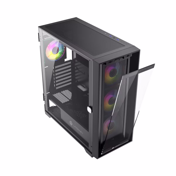 کیس کامپیوتر لاجیکی LK-C504B با طراحی مدرن، پنل شیشه‌ای، 4 فن ARGB و فضای جادار برای کارت گرافیک تا 400 میلی‌متر؛ مناسب گیمرها و حرفه‌ای‌ها.