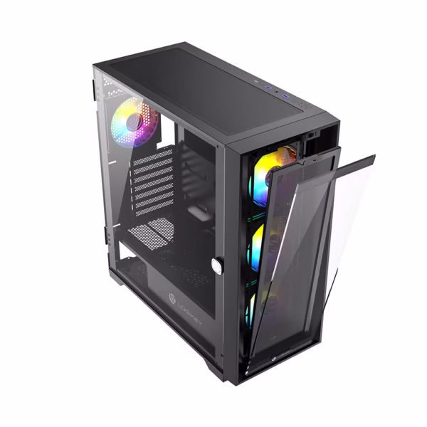 کیس کامپیوتر لاجیکی LK-C504B با طراحی مدرن، پنل شیشه‌ای، 4 فن ARGB و فضای جادار برای کارت گرافیک تا 400 میلی‌متر؛ مناسب گیمرها و حرفه‌ای‌ها.