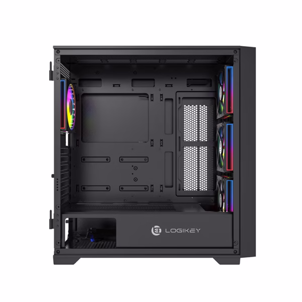 کیس کامپیوتر لاجیکی LK-C504B با طراحی مدرن، پنل شیشه‌ای، 4 فن ARGB و فضای جادار برای کارت گرافیک تا 400 میلی‌متر؛ مناسب گیمرها و حرفه‌ای‌ها.