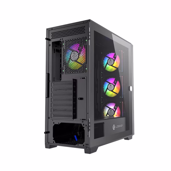 کیس کامپیوتر لاجیکی LK-C504B با طراحی مدرن، پنل شیشه‌ای، 4 فن ARGB و فضای جادار برای کارت گرافیک تا 400 میلی‌متر؛ مناسب گیمرها و حرفه‌ای‌ها.