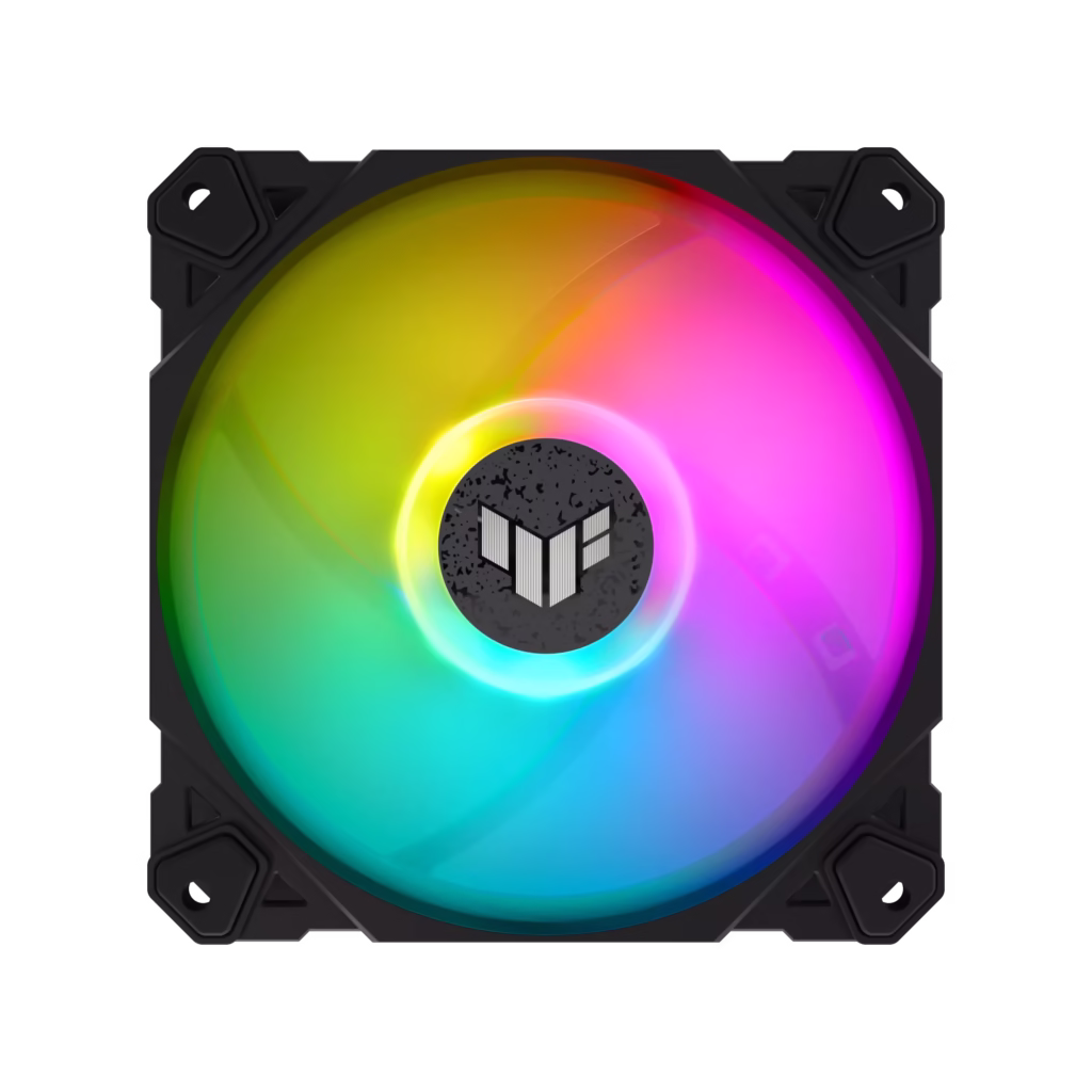 فن کیس ایسوس مدل TUF Gaming TF120 ARGB با ابعاد 120×120×25 میلیمتر، سرعت چرخش تا 1900 دور در دقیقه، جریان هوای 76CFM، فشار استاتیک 2.5mmH₂O.