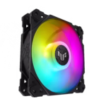 فن کیس ایسوس مدل TUF Gaming TF120 ARGB با ابعاد 120×120×25 میلیمتر، سرعت چرخش تا 1900 دور در دقیقه، جریان هوای 76CFM، فشار استاتیک 2.5mmH₂O.