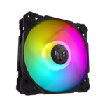 فن کیس ایسوس مدل TUF Gaming TF120 ARGB با ابعاد 120×120×25 میلیمتر، سرعت چرخش تا 1900 دور در دقیقه، جریان هوای 76CFM، فشار استاتیک 2.5mmH₂O.