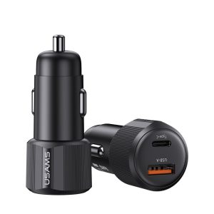 شارژر فندکی یوسمز CC283 با توان ۶۰ وات، دو پورت USB-A و USB-C، پشتیبانی از PD و QC 3.0، شارژ سریع و امکان شارژ همزمان دو دستگاه.