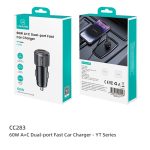 شارژر فندکی یوسمز CC283 با توان ۶۰ وات، دو پورت USB-A و USB-C، پشتیبانی از PD و QC 3.0، شارژ سریع و امکان شارژ همزمان دو دستگاه.