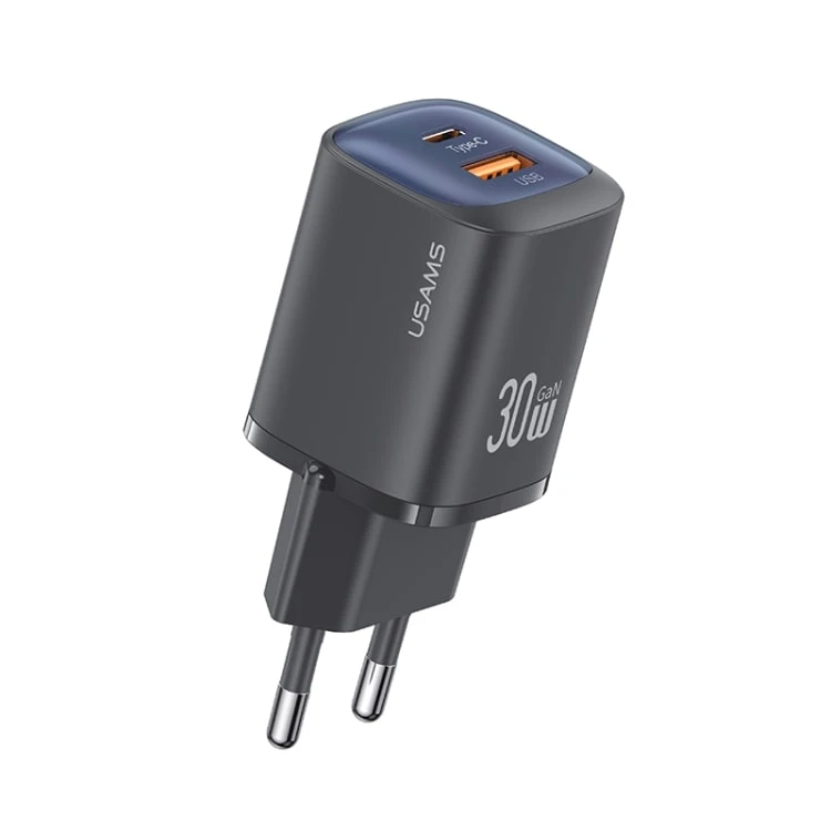 خرید شارژر دیواری یوسمز CC254 با توان 30 وات، فناوری GaN، دو پورت USB-C و USB-A، پشتیبانی از PD 3.0 و QC 3.0 و طراحی کوچک و سبک.