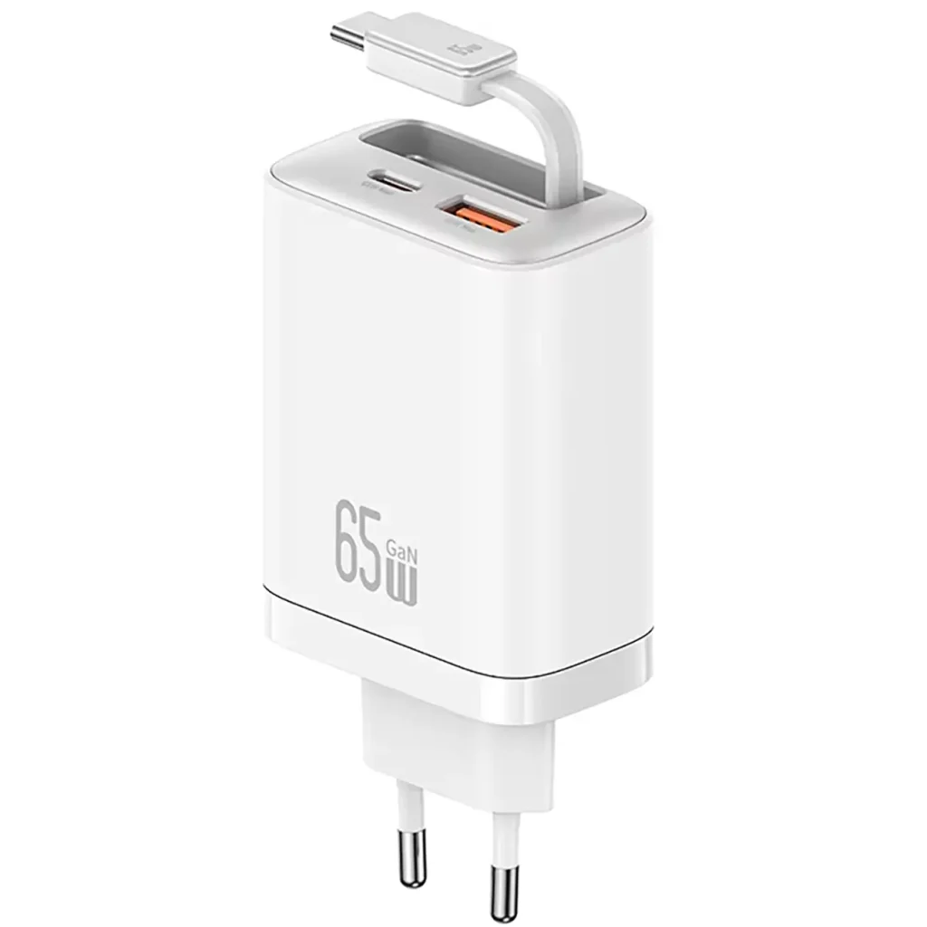 شارژر دیواری یوسمز CC299 با توان 65 وات، فناوری GaN، دو پورت USB-A و Type-C و کابل داخلی جمع‌شونده، مناسب شارژ سریع گوشی، تبلت و لپ‌تاپ.
