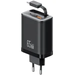 شارژر دیواری یوسمز CC299 با توان 65 وات، فناوری GaN، دو پورت USB-A و Type-C و کابل داخلی جمع‌شونده، مناسب شارژ سریع گوشی، تبلت و لپ‌تاپ.