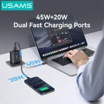 شارژر دیواری یوسمز CC299 با توان 65 وات، فناوری GaN، دو پورت USB-A و Type-C و کابل داخلی جمع‌شونده، مناسب شارژ سریع گوشی، تبلت و لپ‌تاپ.