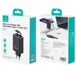 شارژر دیواری یوسمز CC299 با توان 65 وات، فناوری GaN، دو پورت USB-A و Type-C و کابل داخلی جمع‌شونده، مناسب شارژ سریع گوشی، تبلت و لپ‌تاپ.