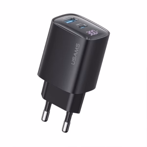 شارژر دیواری یوسمز CC229 با توان 30 وات، فناوری GaN، دو پورت USB-A و USB-C، پشتیبانی از PD و QC 3.0 و نمایشگر دیجیتال، مناسب شارژ سریع گوشی و تبلت.
