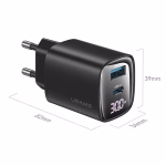 شارژر دیواری یوسمز CC229 با توان 30 وات، فناوری GaN، دو پورت USB-A و USB-C، پشتیبانی از PD و QC 3.0 و نمایشگر دیجیتال، مناسب شارژ سریع گوشی و تبلت.